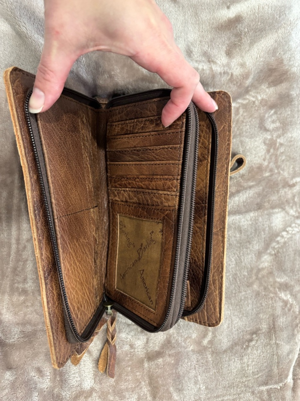 Hand-Tooled Brown Leather Clutch with Turquoise Inlay by - Picture 3 of 5
